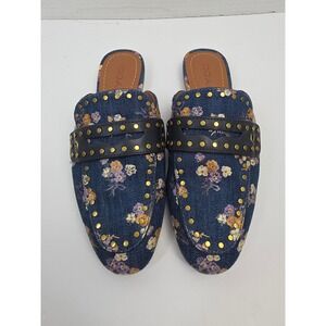 Coach Faye Slide Floral Denim Studded Mules Blue G3722 Womens Size 5B